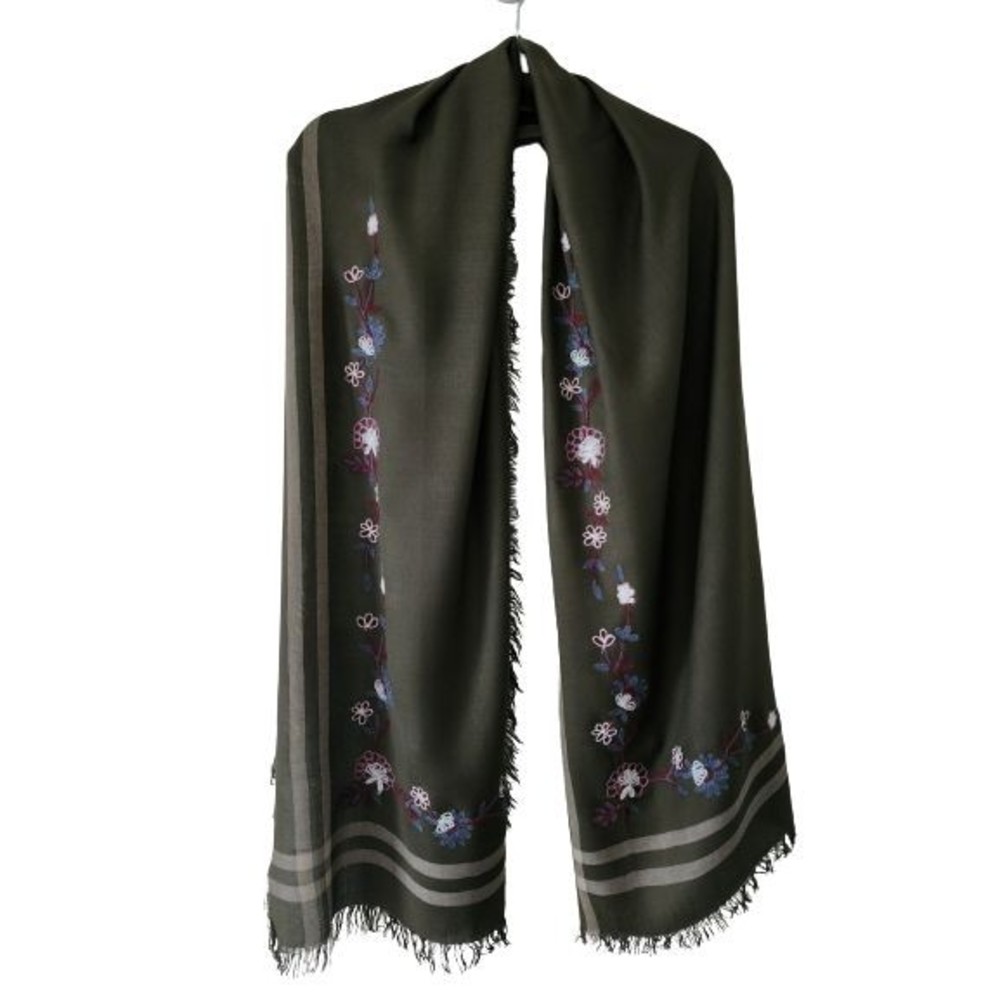 Isa & Stef Womens Embroidered Scarf Wrap Viscose Military Green Fringe 24"x74" - Picture 1 of 8